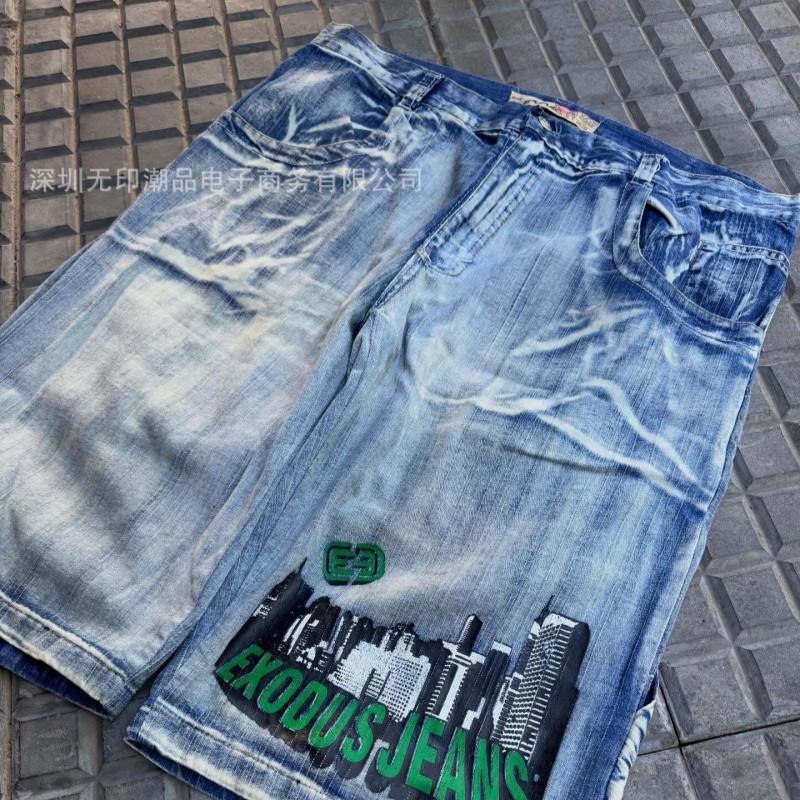 Mens Vintage Western Cowboy Jeans Distressed Washed Embroidered Printed Straight Leg Denim Pants