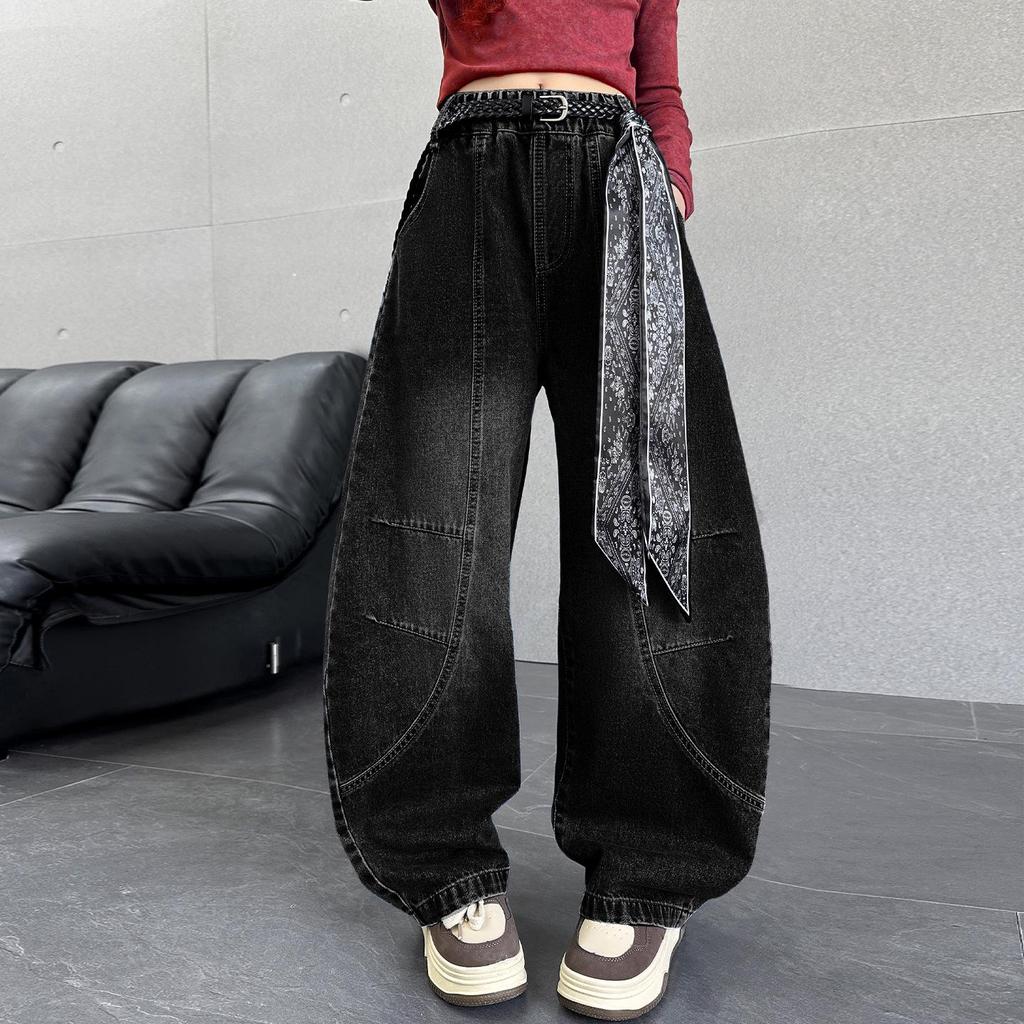 Autumn 2025 Girls' Wide-Leg Scimitar Jeans - Casual Long Pants for Kids
