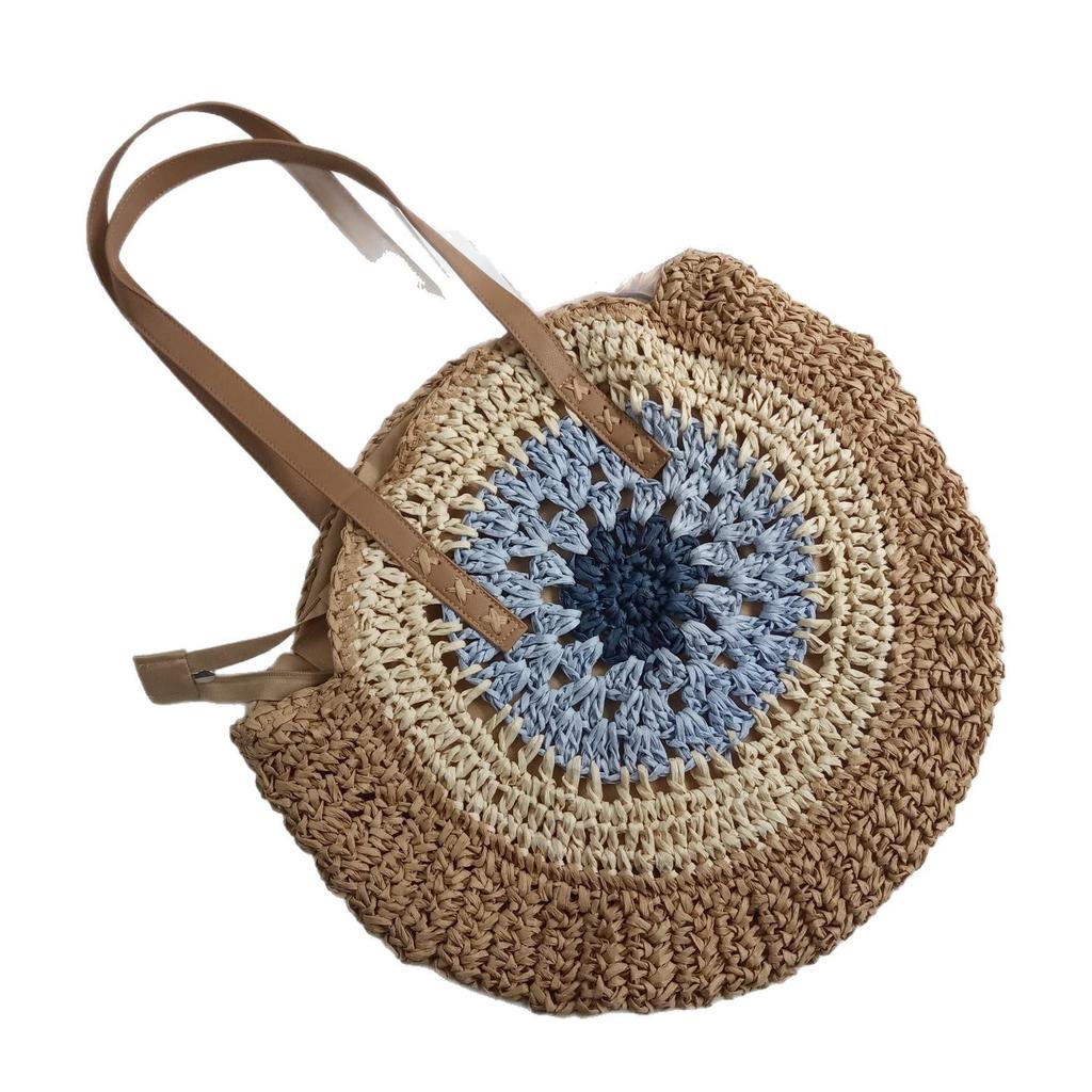 Women's Round Crochet Straw Tote with Leather Belt Accent for Casual Travel and Vacation