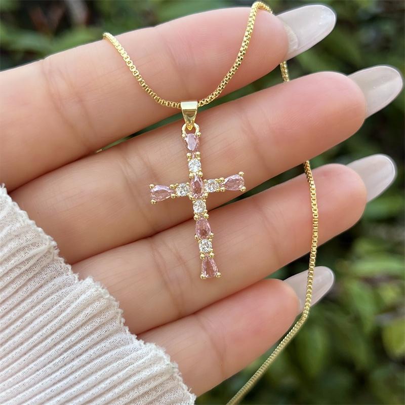 18K Gold-plated Copper Zircon Water Drop Cross Necklace, Classic and Simple Style, Daily Waterproof and Non Fading Pendant