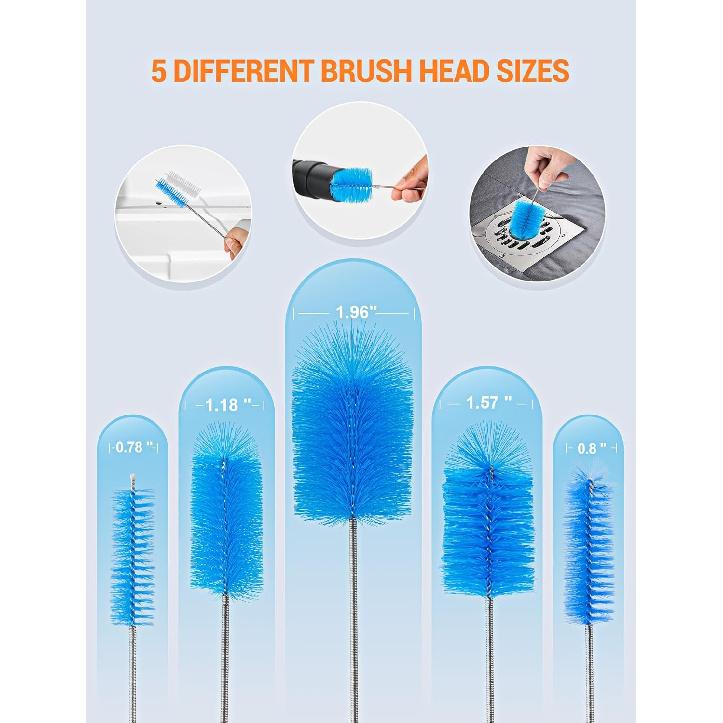 66 Flexible Drain Brush Tool with Large Brush Head and Double Elastic Nylon Ends, Stainless Steel Long Tube Cleaning Brushes for Kitchen, Sink,