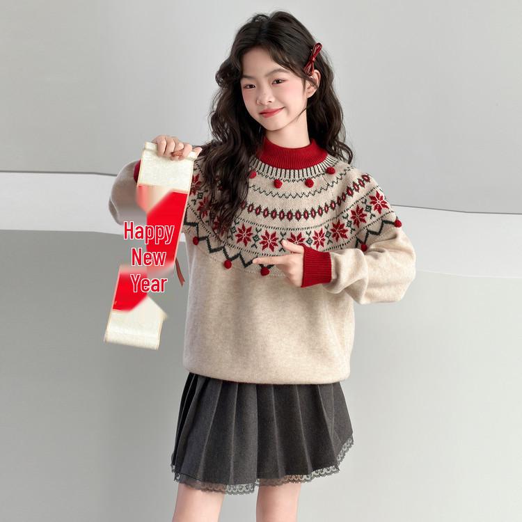 Girls' 2025 Autumn/Winter Stylish Thick Knit Sweater - Warm Fashionable Top for Big Kids