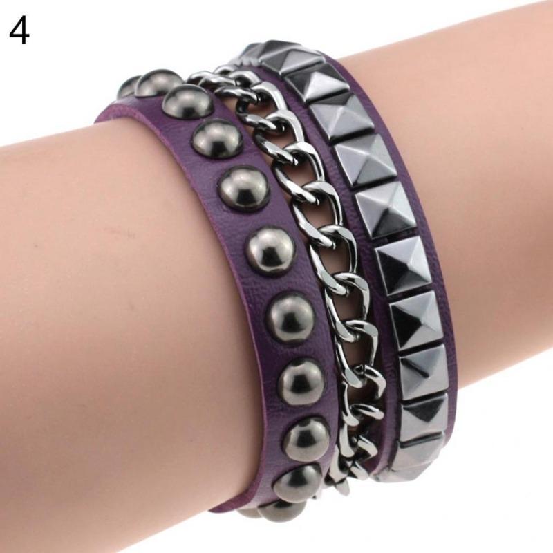 Kadın Katmanlı Punk Rock Perçin Bileklik Çivili Suni Deri Metal Zincir Bileklik