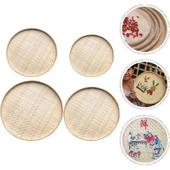 4 Pcs Handwoven Flat Wicker Round Fruit Basket Woven Food Storage Weaved Shallow Tray Organiser Vegetable Fruit Bowl DIY Drawing Board Wall Basket