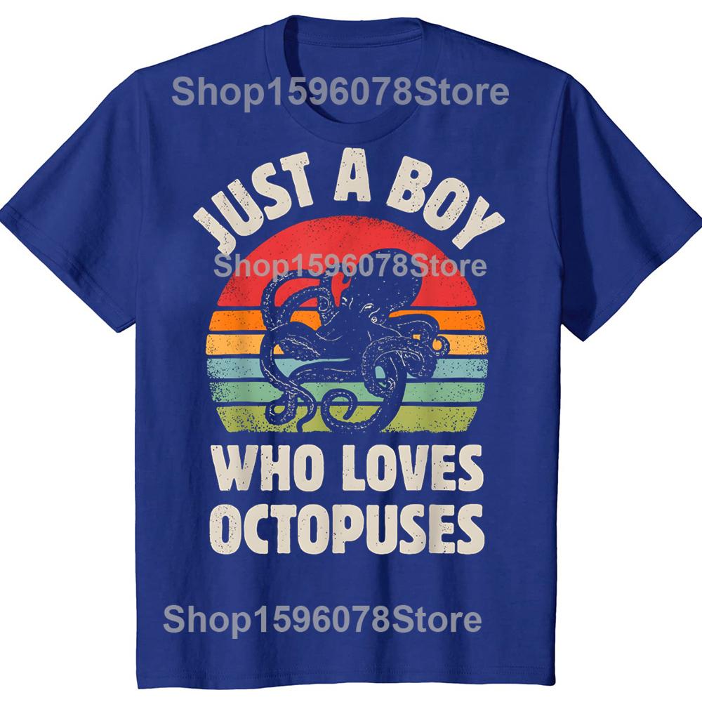 Octopus Just A Boy Who Loves Sea Animals Men Retro Vintage Tshirt Summer Cotton T Shirt Casual Tshirt Oversized Streetwear