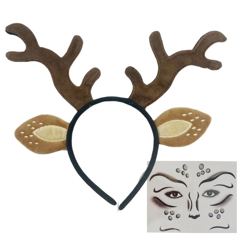 Festive Reindeer Antler Headband Set Includes Decorative Stickers Comfortable Cloth For Kids Adults Christmas Event