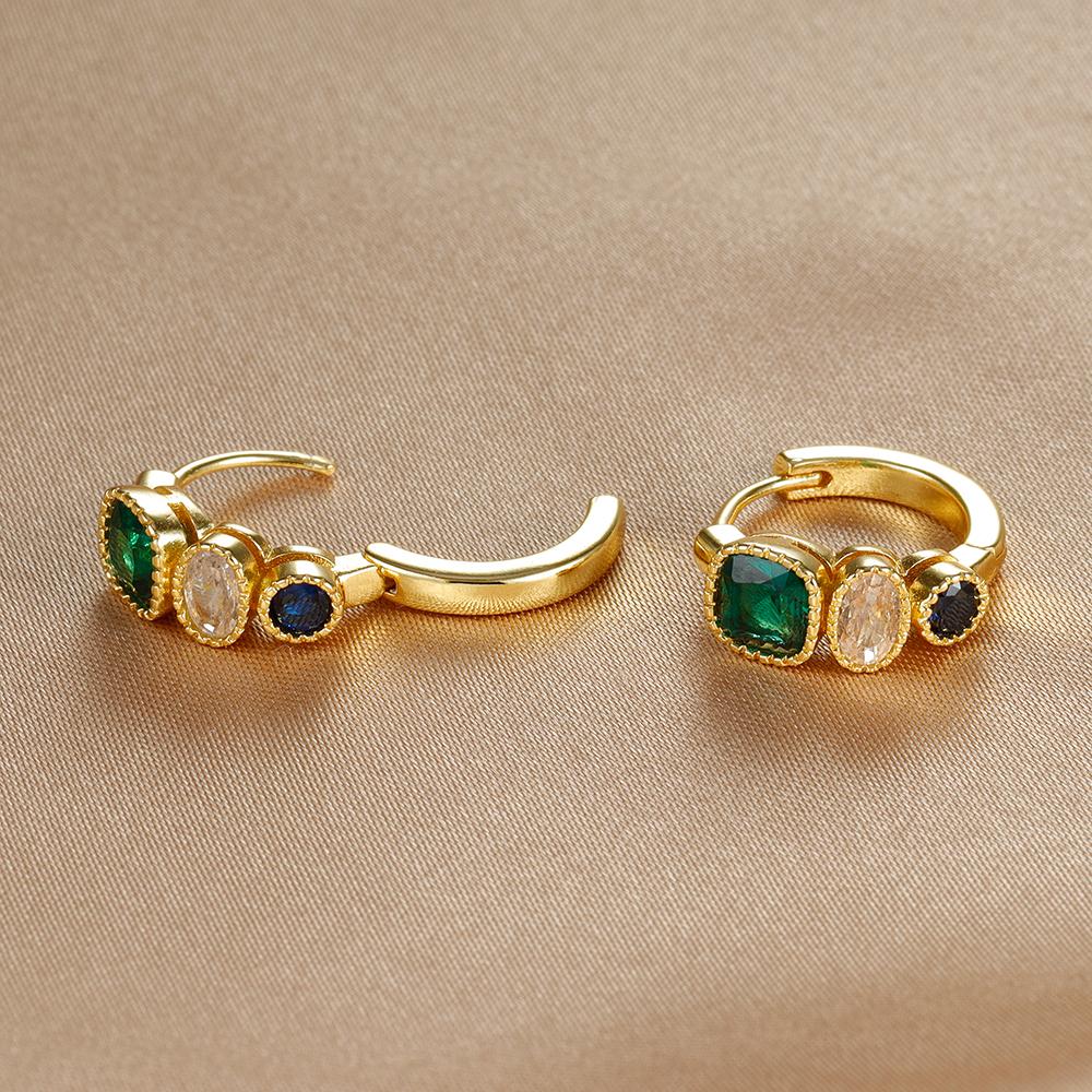Vintage Gold Color Stainless Steel Circle Hoop Earrings Fashion Green White Blue Cubic Zirconia Circle Earrings Trendy Jewelry