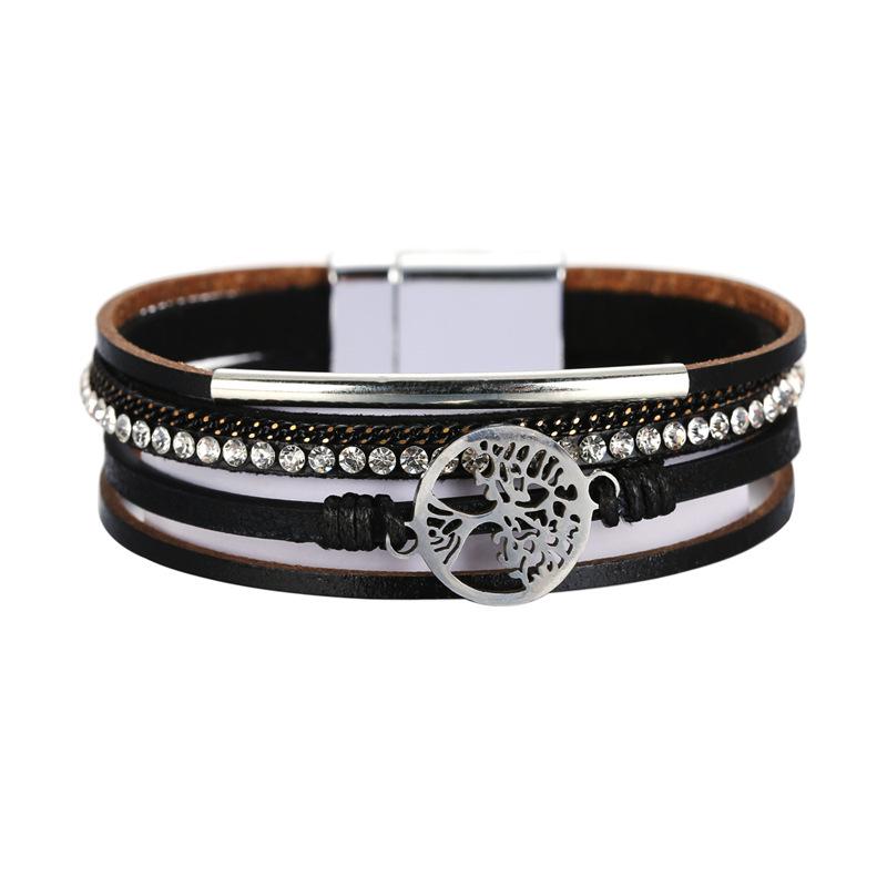 Bohemian Multi-Layer Leather Bracelet with Rhinestone Tree of Life Design