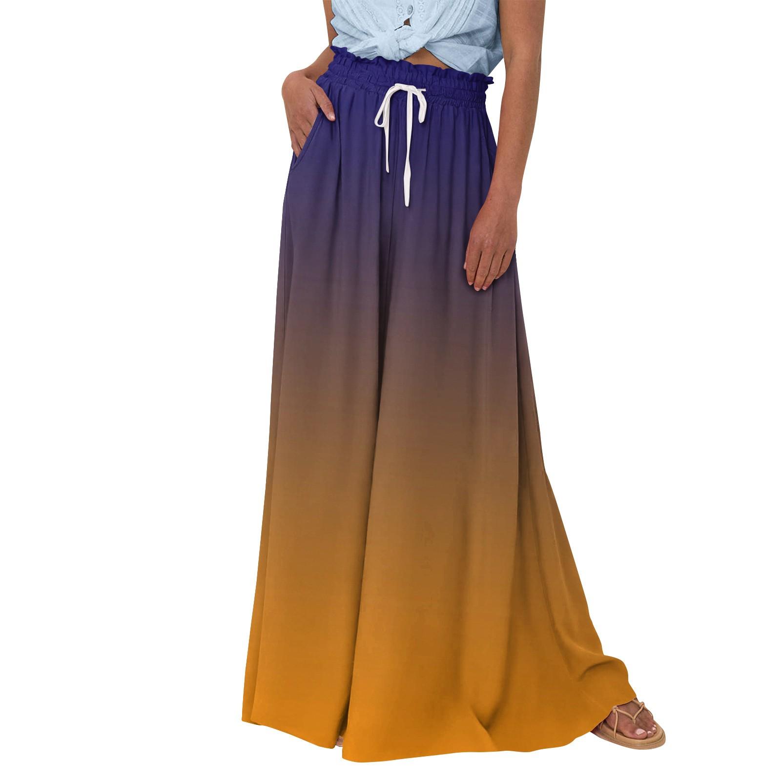 

Женские широкие брюки с высокой талией, летние повседневные струящиеся брюки-палаццо, пляжные брюки с принтом и карманом M оранжевый