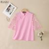 ZANZEA Women Elegant Lace Splice Half Sleeve Summer Casual Stand Collar Blouse