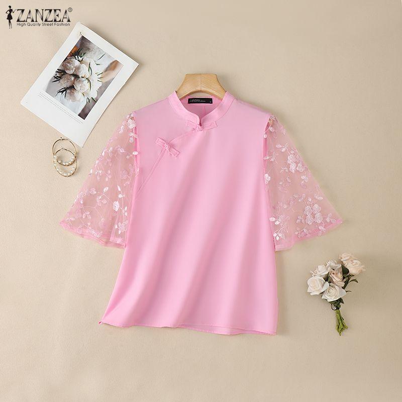 ZANZEA Women Elegant Lace Splice Half Sleeve Summer Casual Stand Collar Blouse