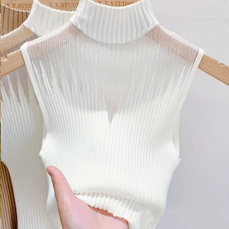 Síťovaný pletený top dámský Y2K tílko poloviční rolák vesta dámský svetr bez rukávů šik výřez streetwear jednobarevný přiléhavý trubkový top