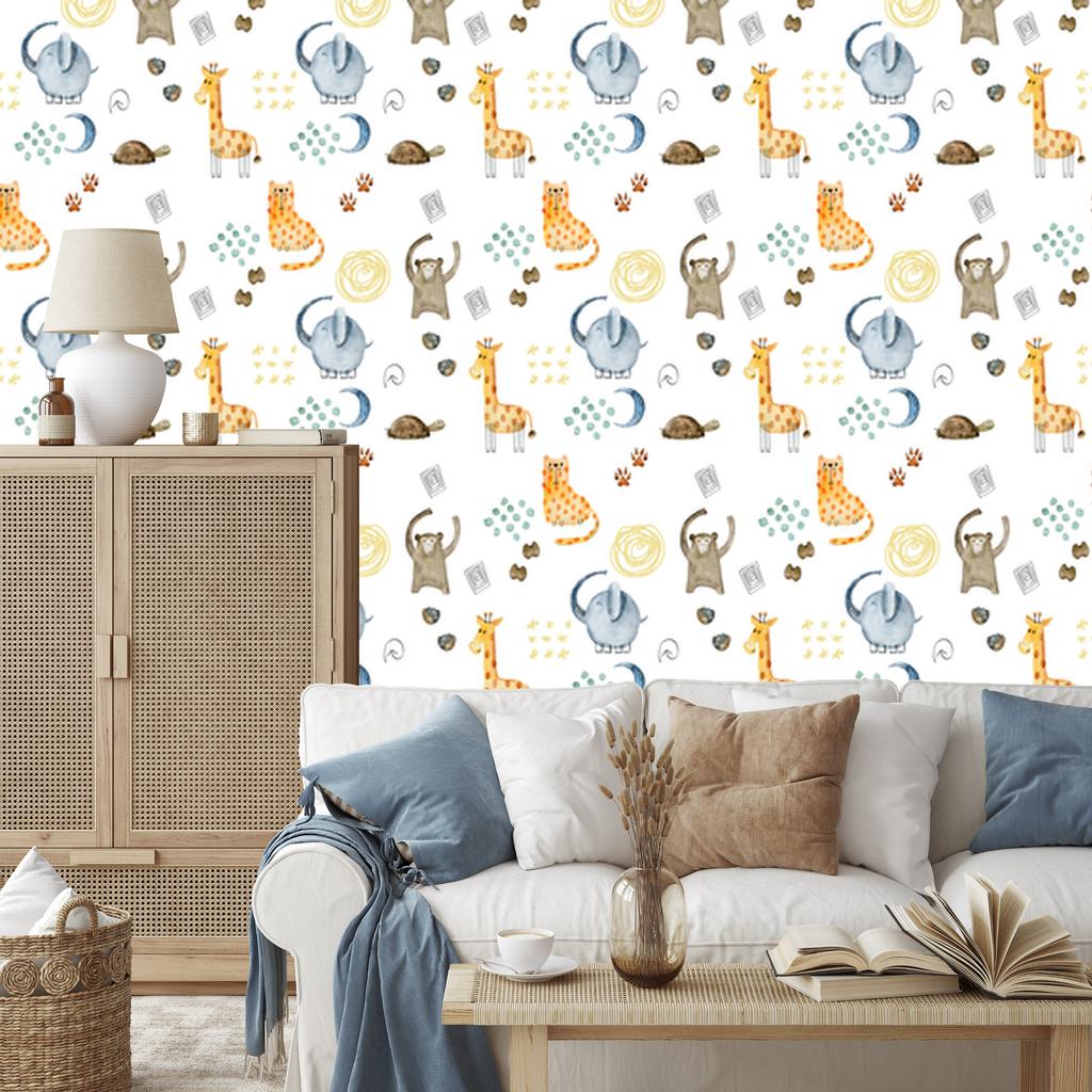 Watercolor Illustrated Animals Wallpaper for Living Room and Bedroom 50x1000