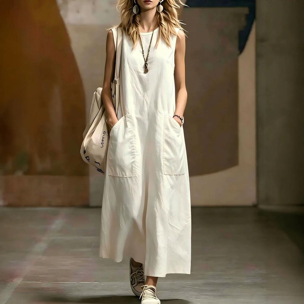 Women Sleeveless Maxi Dress Casual Loose Fit with Big Side Pockets Summer Dress
