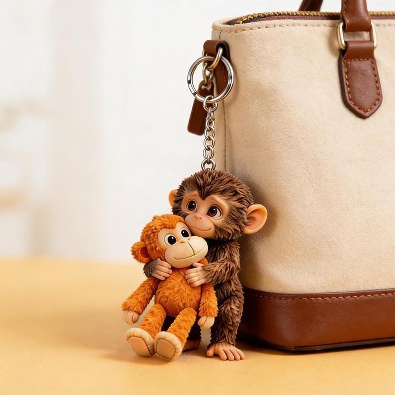 Protect Punch The Monkey Keychain, 3D Cute Monkey Holding Plush Toy Hanging Keychain for Backpack Purse Car Keys Gift