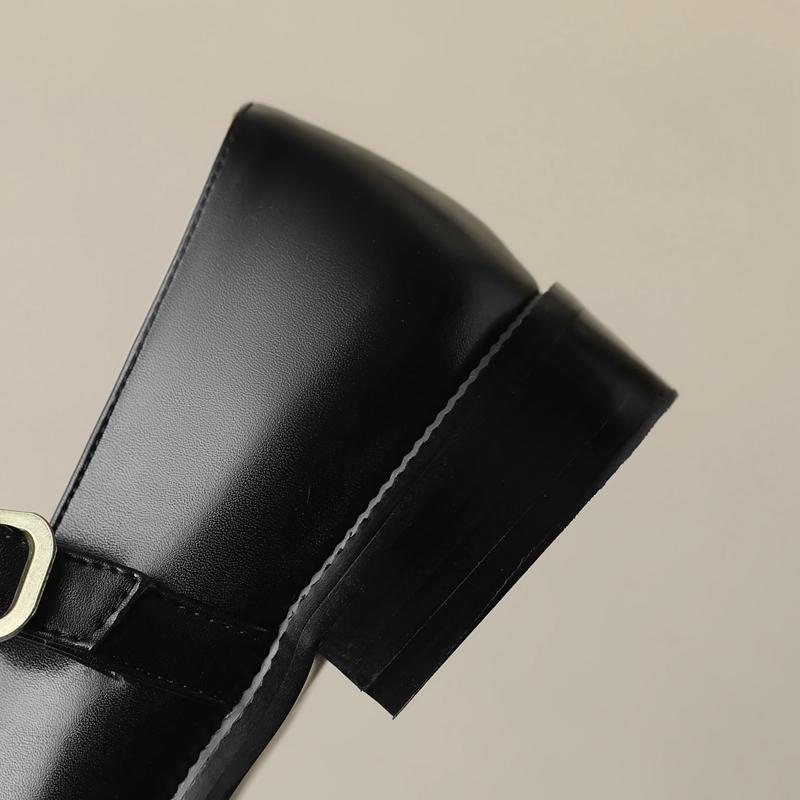 Fashion Women's New Spring and Autumn Square Head Retro Middle Heel Large Metal Belt Buckle Mary Jane Single Shoes