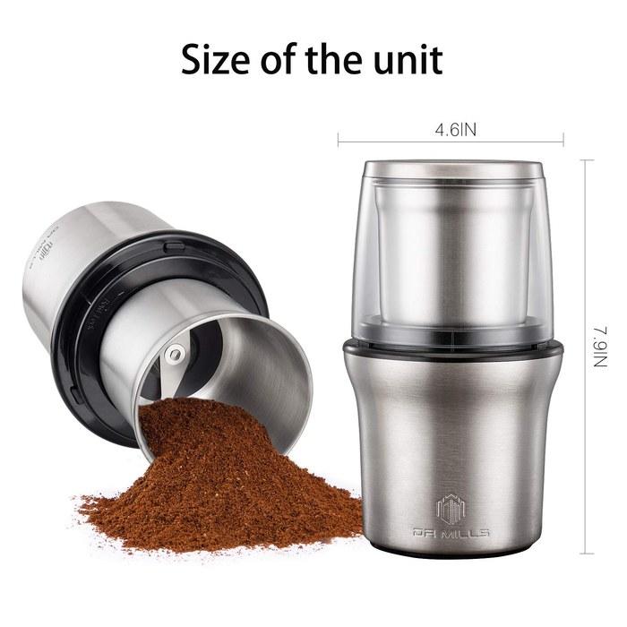 DR MILLS DM-7412(N.) Elektrisches Gewürz- & Kaffeemahlwerk, Abnehmbarer Becher, Waschbar, SUS304 Edelstahlklinge & Becher, Edelstahlfarbe,