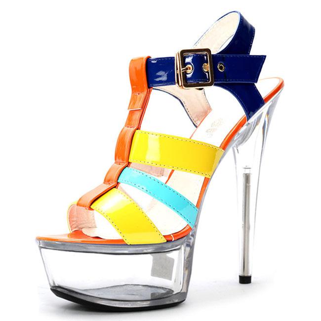 2025 summer new women's shoes versatile stiletto high heels T-type straps patent leather waterproof table crystal sandals