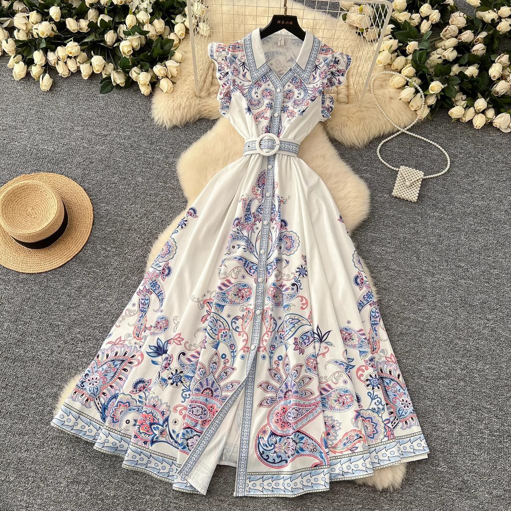 New Summer Pirnt Women Flower Turn Down Collar Flying Sleeve Belt Single Breasted Boho Holiday Party Dresses