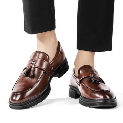 Zapatos de Negocios de Cuero con Flecos Mocasines Estilo Británico Cómodos de Tacón Bajo Zapatos Casuales para Hombre Transpirables Slip-On Mocasines para Conducir