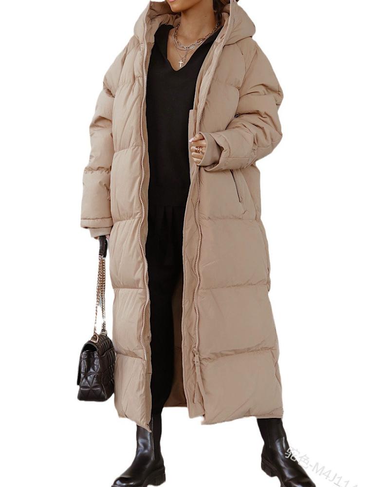 Women's Bright Orange Long Puffer Coat with Hood and Front Zipper