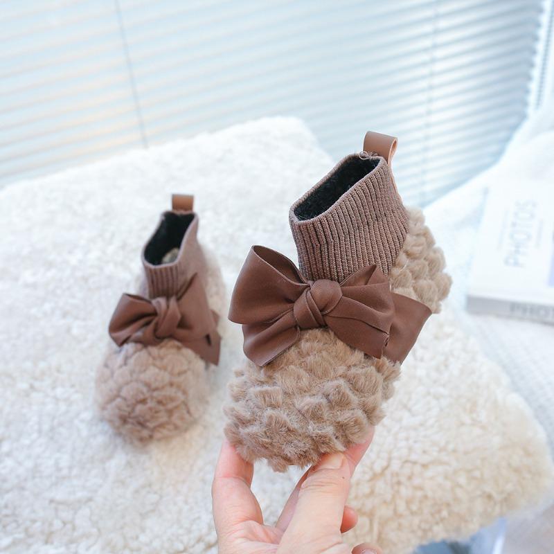 Girls fluffy shoes winter children's cotton shoes boys shoes plush bow classmate baby socks boots