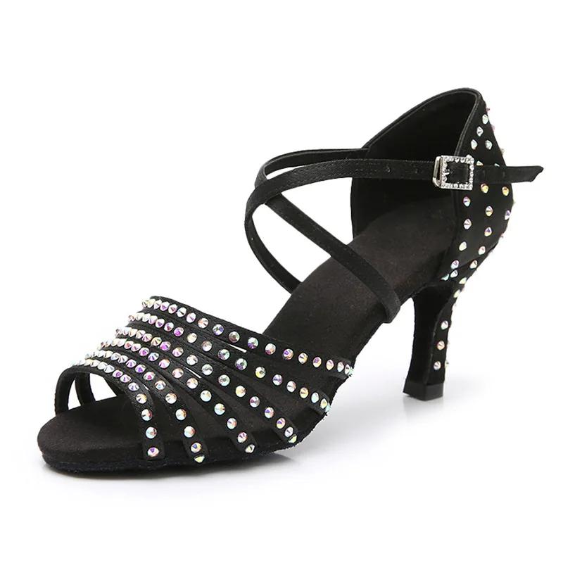 

Hot Latin Dance Shoes Women for Silver Gray Satin Salsa Ballet Shoe Girls for Shine Rhinestone Ballroom Dancing Shoes 34