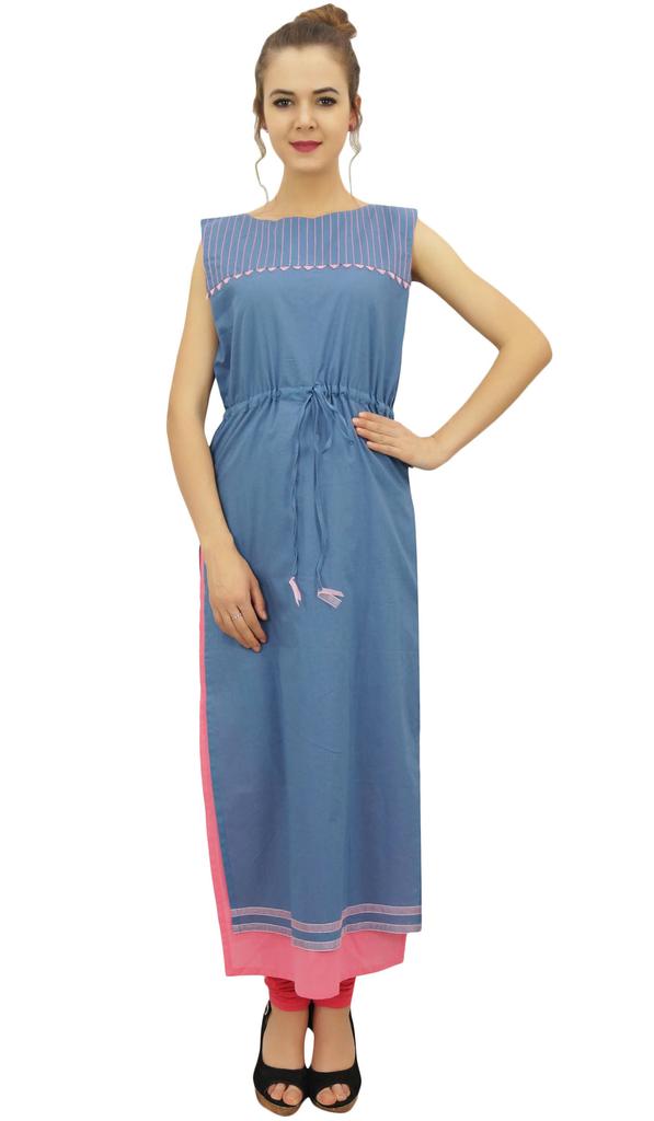 Bimba Women's Cotton Blue Kurta Designer Drawstring Waist Kurti With