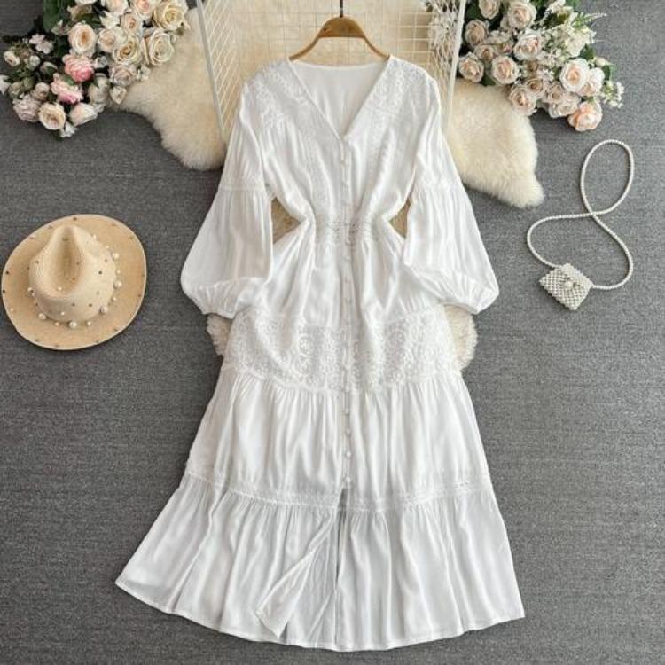 Elegant Green Bohemian V Neck Lantern Sleeve A Line Vestido Holiday Party Dress Sweet Chic Casual Women Fashion Solid