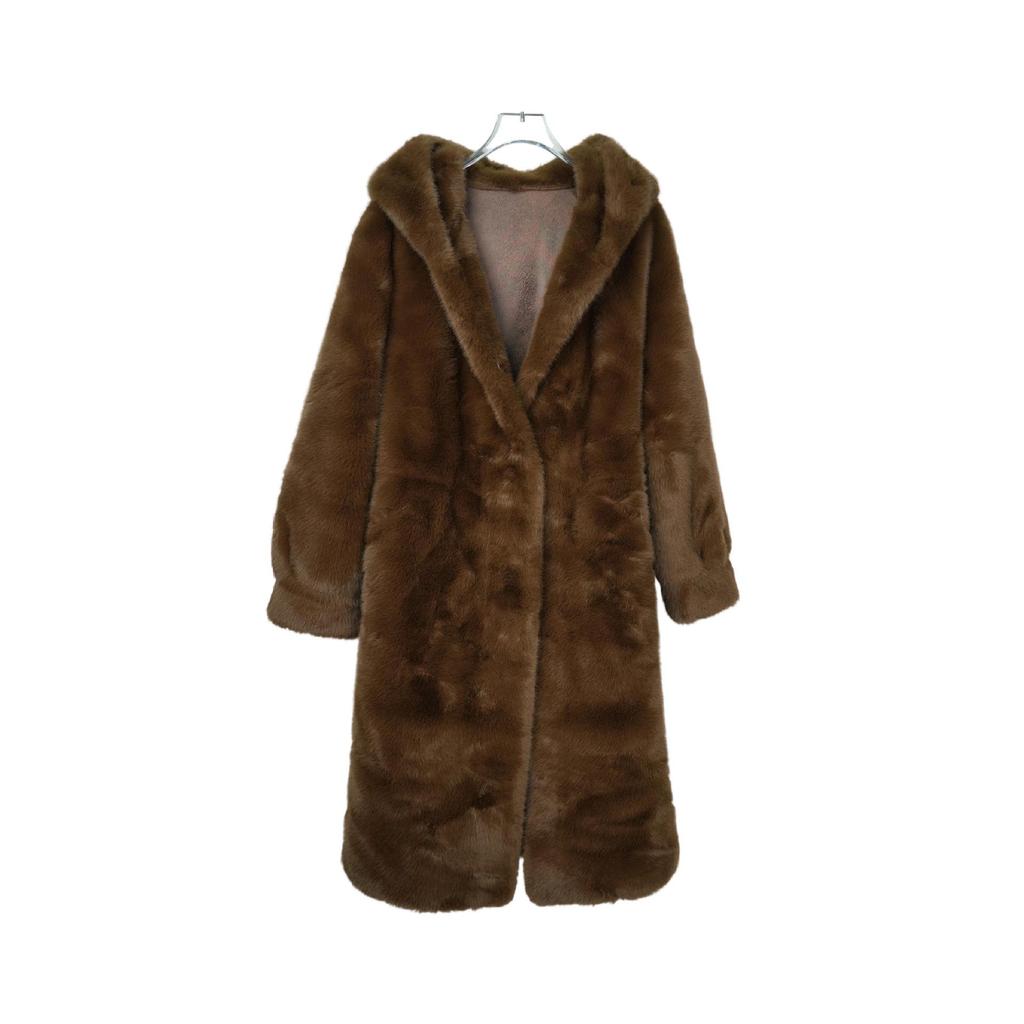 Women's Winter Faux Velvet Golden Mink Fur Long Coat with Hood