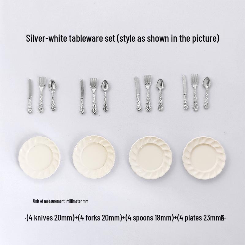 Miniature Dollhouse DIY Model Cake Set: Alloy Plate, Knife, Fork & Spoon Props