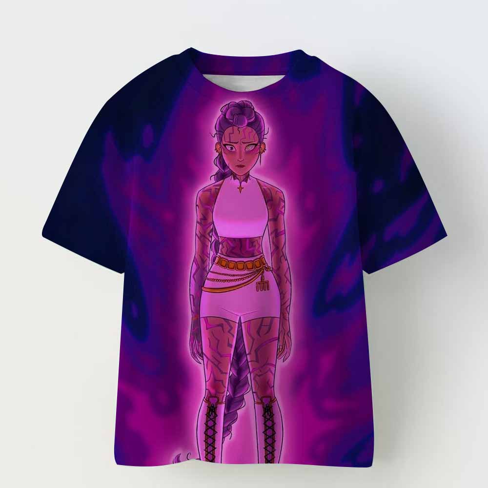 

Аниме K-pop Охотники на демонов Huntr/x Футболки Детские Мальчики Девочки Летние Повседневные Топы с коротким рукавом Мультяшная K-pop Футболка Охотники на демонов 160