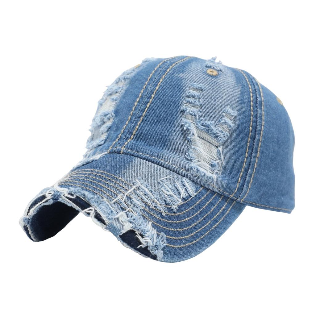Solid Color Ripped Denim Baseball Cap Men's Big Brim Big Head Circumference Visor Soft Top Truck Driver Cap