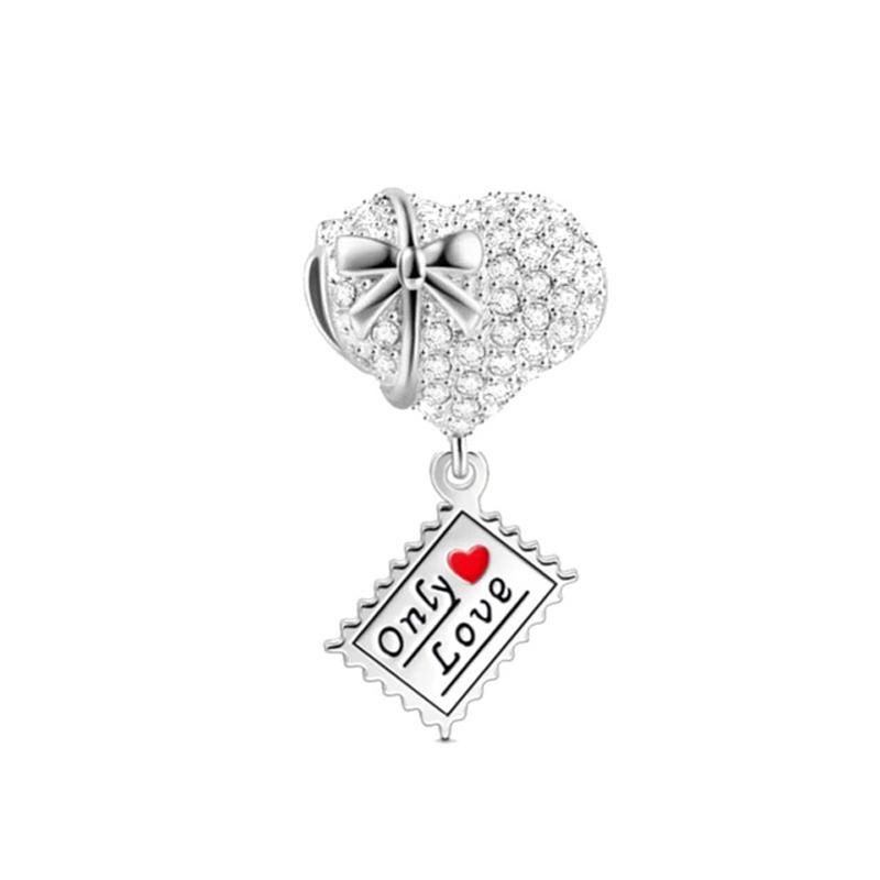 New 925 Silver Pink Heart Envelope Pendant Bead Charm Bracelet Necklace Jewelry Accessories for Women Girls