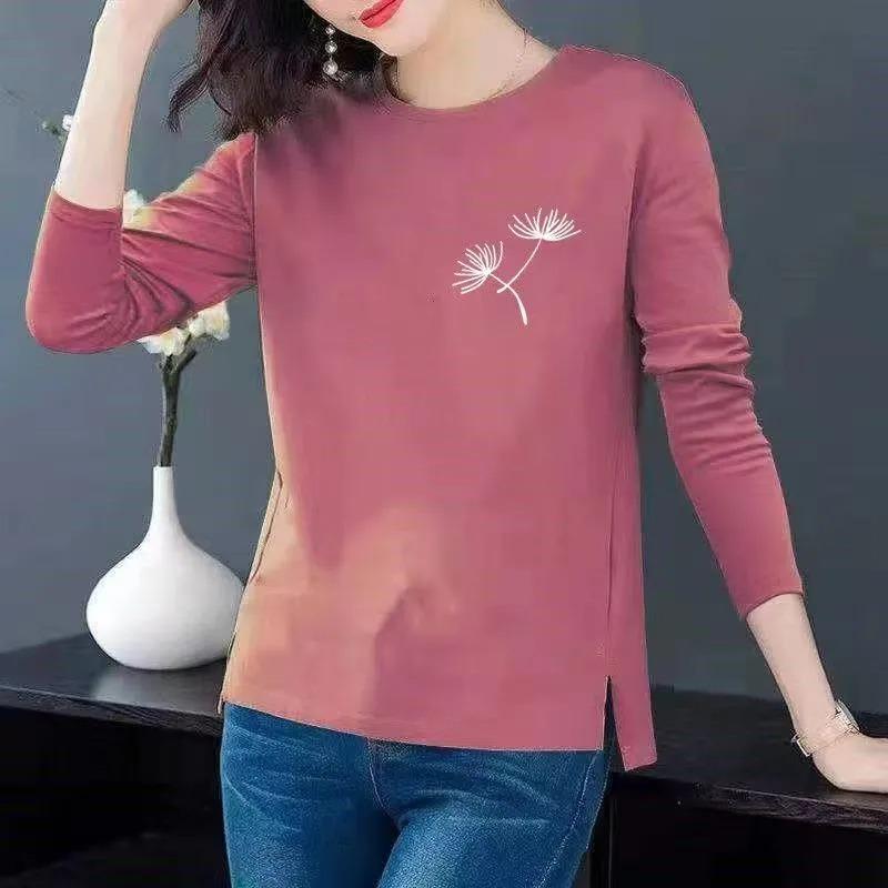 Women's Dandelion Print Long Sleeve T-shirt Casual Loose Crew Neck Side Split Top