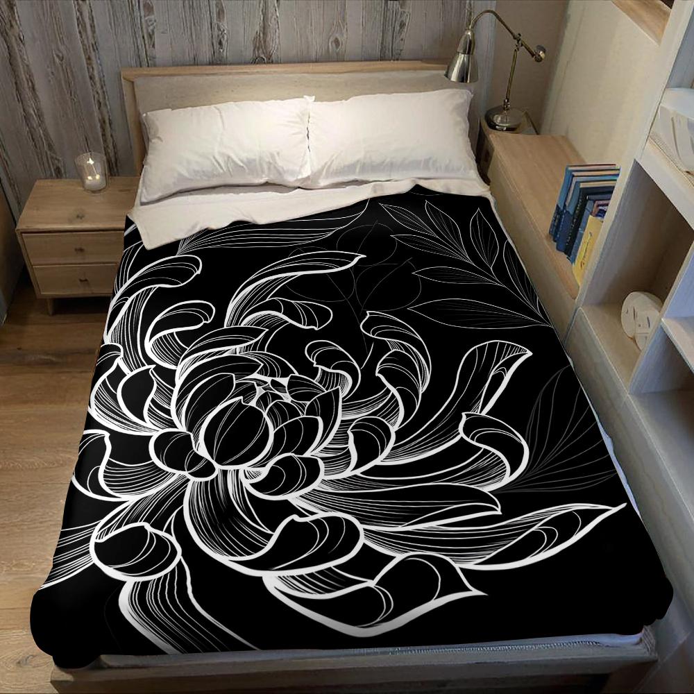 Ink Chrysanthemum Line Flannel Blanket Warm Soft Halloween Christmas Couch Warm Cozy Decorative Decor Gift for All Season