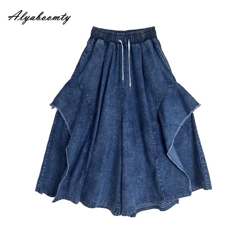 Plus Size Spring Summer Women Wide Leg Jeans High Waist Drawstring Oversized Baggy Denim Culottes Pants Patchwork Stylish Ladies' Trousers