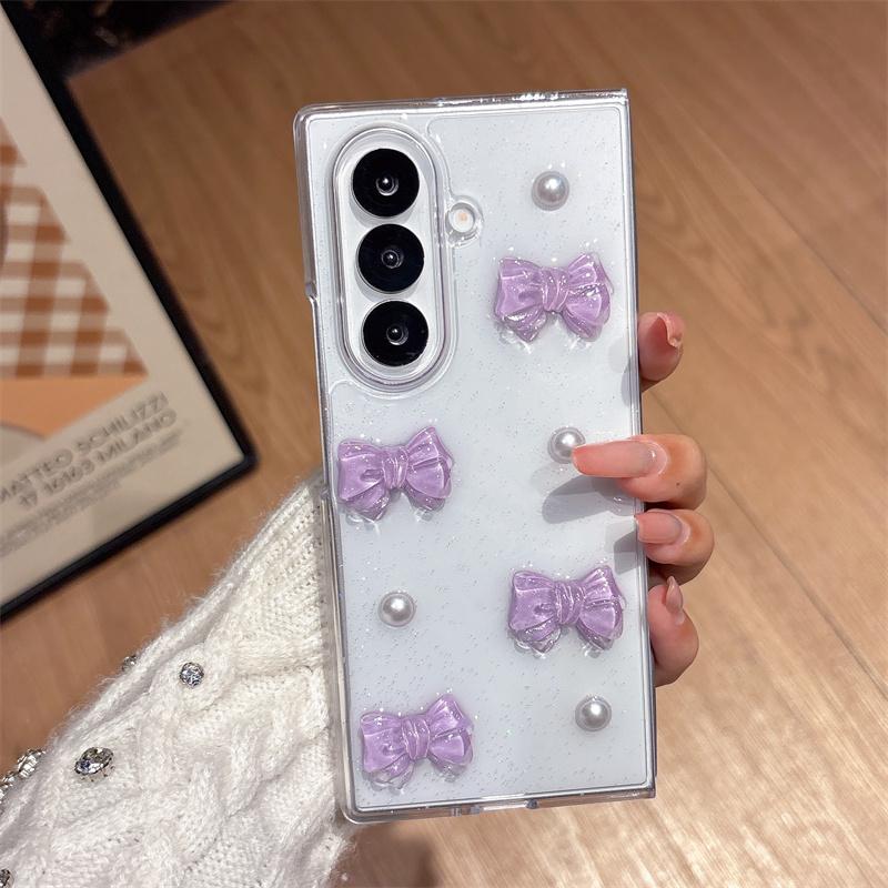 Cute 3D Purple Bow Glitter Clear Case For Samsung Galaxy Z Fold 7 6 5 4 With Pink Beads Wrist Strap Shockproof Protective Cover For Z Fold7