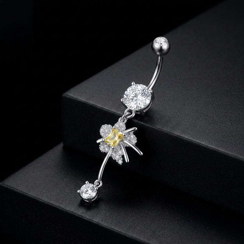 Stainless Steel Dangle Belly Button Rings For Women Shiny Cubic Zirconia Heart Butterfly Flower Navel Piercing Jewelry For Daily