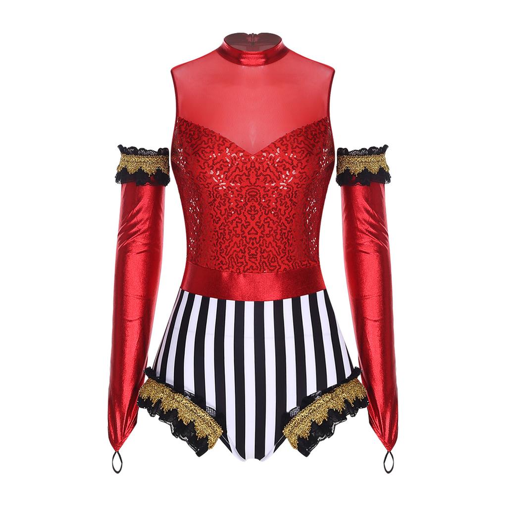Adult Circus Ringmaster Bodysuit Sequined Patchwork Ruffled Hem Leotard and Metallic Gloves for Halloween Dress Up Party