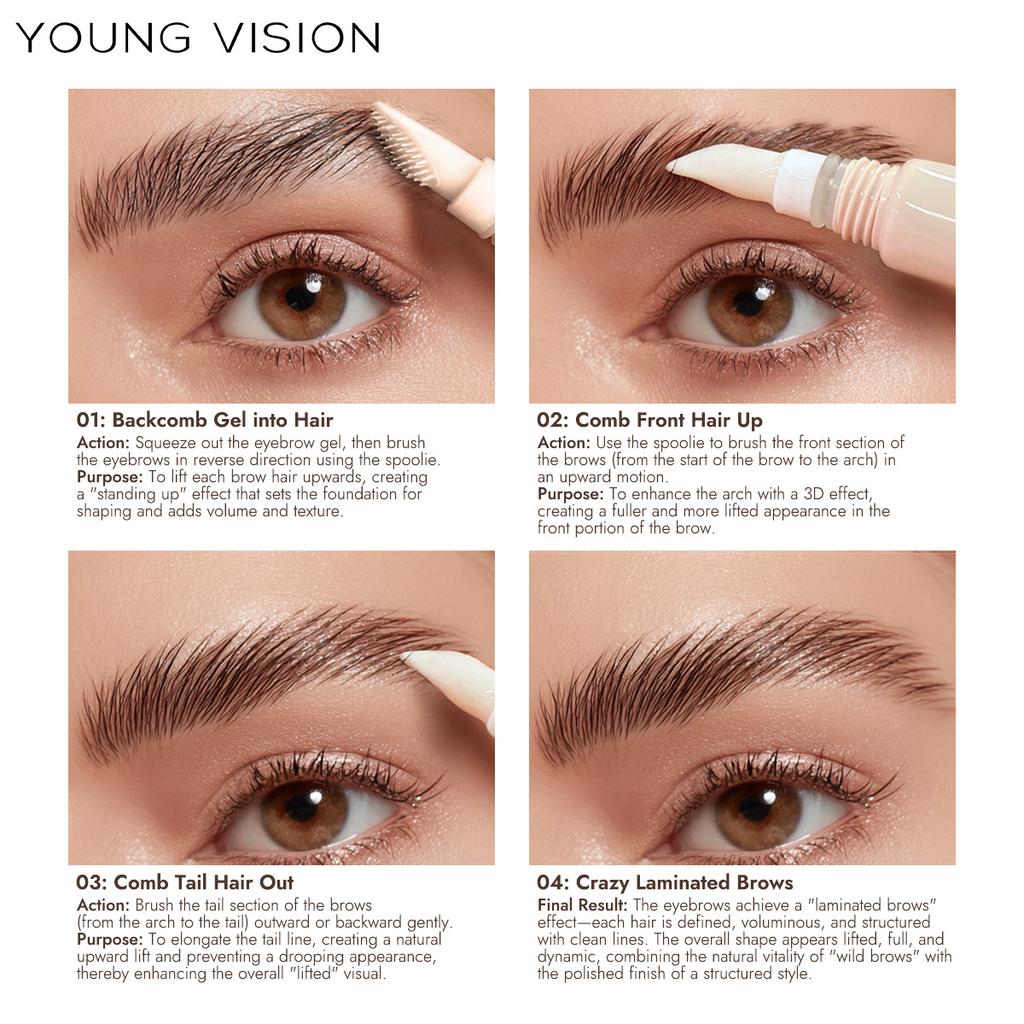 YOUNG VISION Gel Transparent pentru Sprâncene, Tub - Controlat, Perie Unică din Silicon, Rezistent la Apă și Transpirație, Toate Culorile Sprâncenelor, Aplicare în 4 Pași, Zilnic & Petrecere