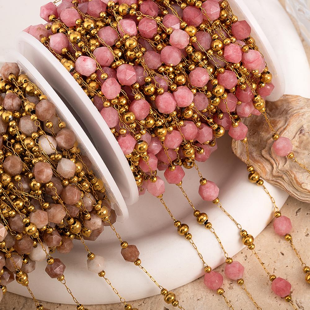 1meter Irregular Romantic Pink Stone Beaded Chain Stainless Steel Necklaces Chains Boho Anklet Bracelets for DIY Jewelry Making