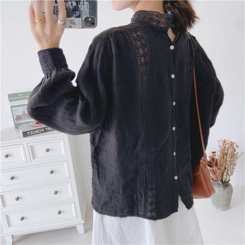 Johnature Koreanische Leinen Frauen Tops Blusen Herbst Vintage Aushöhlen Lose Einfarbig Weibliche Shirts