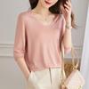 T-shirt en maille à col en V et manches 3/4 pour femme en mélange de soie