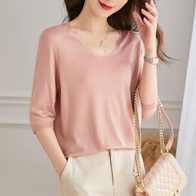 Women's Silk Blend V-Neck 3/4 Sleeve Knit T-Shirt