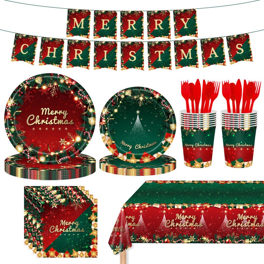 Classic Red And Green Color Scheme Christmas Themed Party Supplies Set Christmas Disposable Paper Plate Tableware Combination