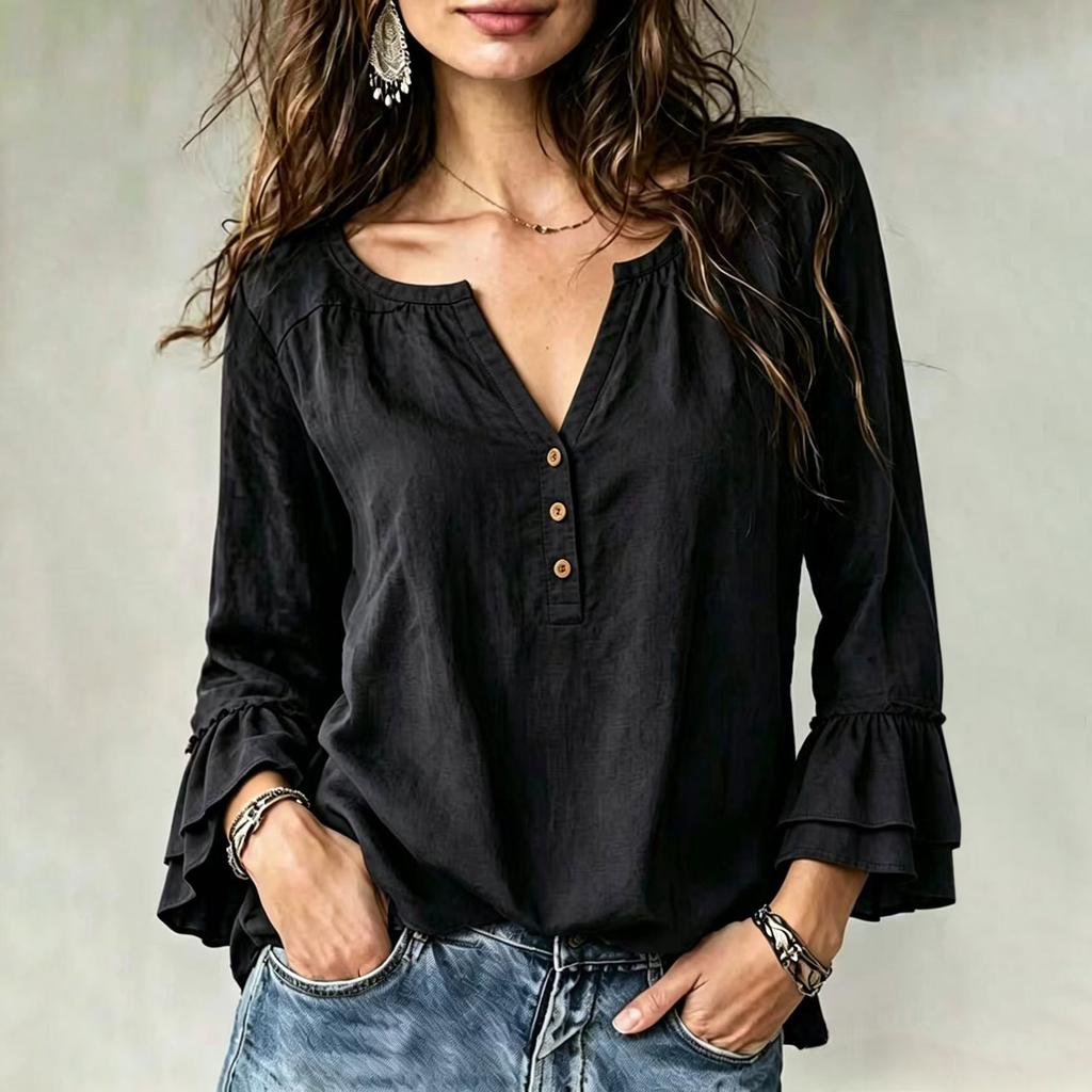 Women's Casual Loose Fit V-Neck Button Ruffle Long Sleeve Blouse