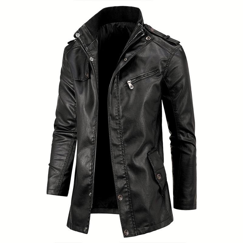 Men's Trendy Long-Style Windproof Leather Jacket with Stand Collar