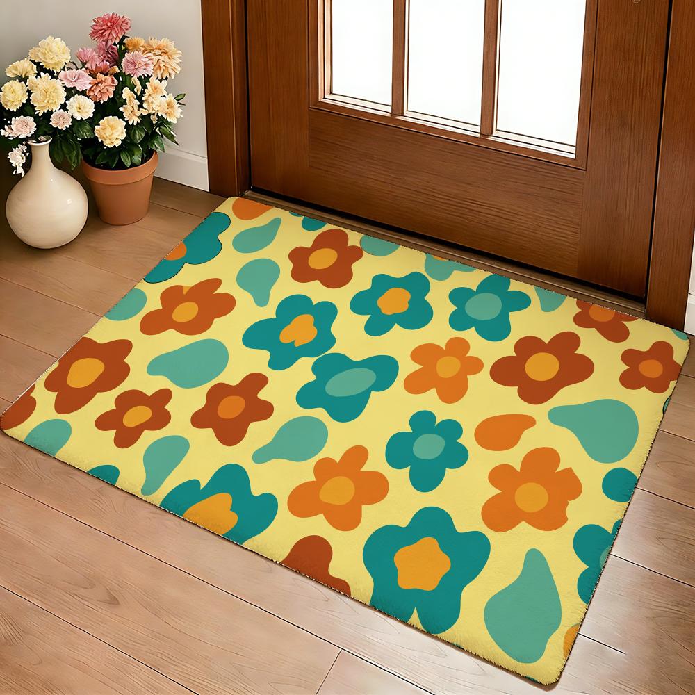 Groovy Flowers Floor Mat Cozy Flannel Soft Thick Non-Slip Mat For Living Room Bedroom Kitchen Decor Rugs
