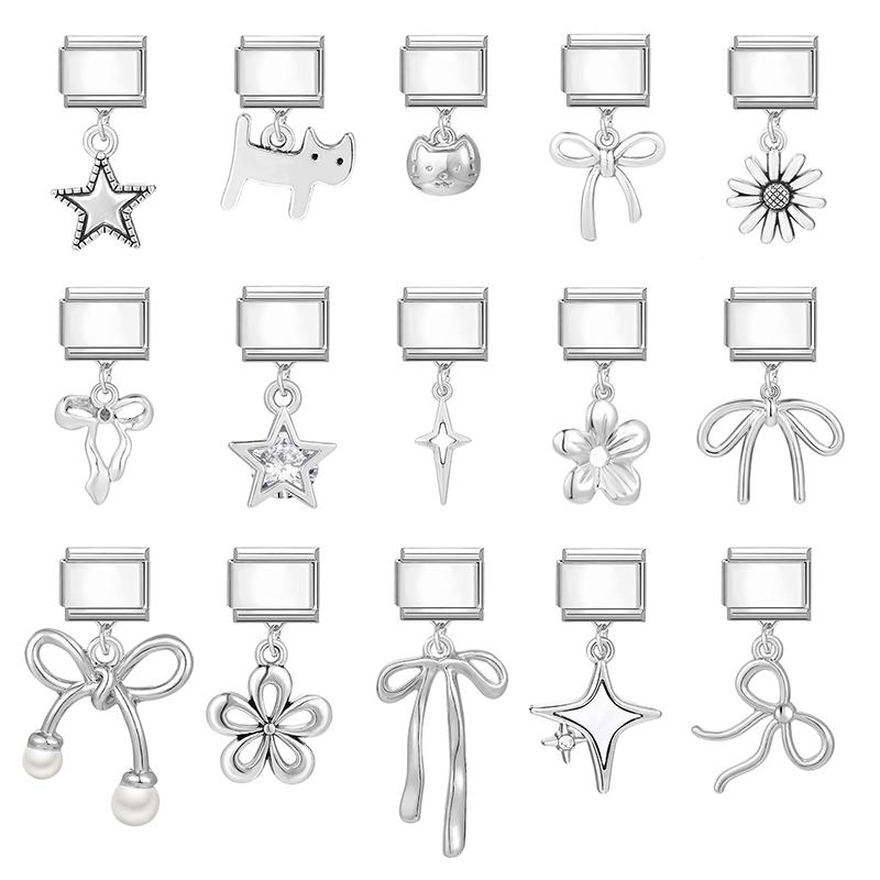 New Bow Crown Butterfly Heart Key Cherry Pendant Italian Charm Link Stainless Steel Fit 9MM Bracelet Women Men DIY Making Gifts